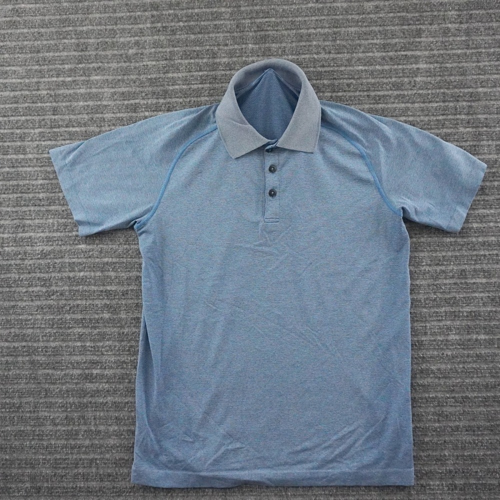 Lululemon Metal Vent Tech Polo Shirt Mens Medium Blue Striped Short Sleeve